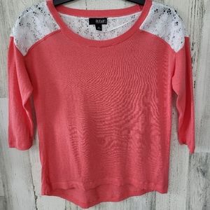 ana Salmon Lightweight Sweater-White Lace Shoulders